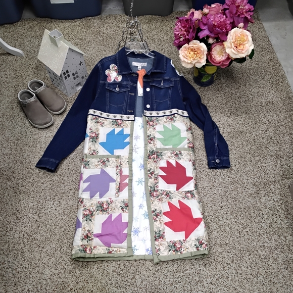 Handmade Jackets & Blazers - 3873 Size Medium Quilted Patchwork Jean Jacket with Multicolor Leaves